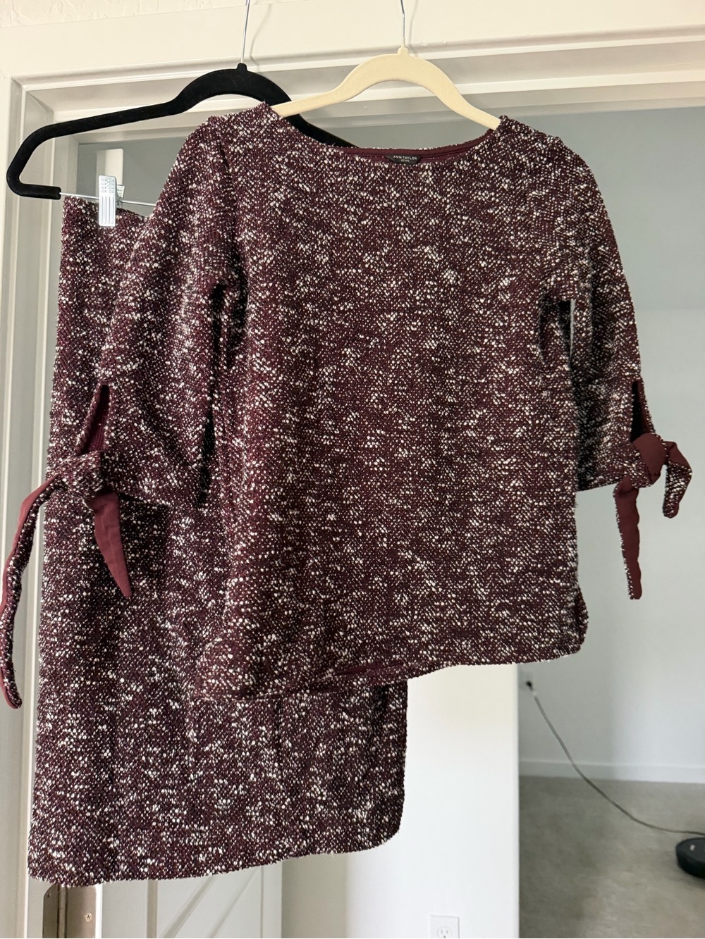 Ann Taylor Maroon and White Tweed Skirt Set
